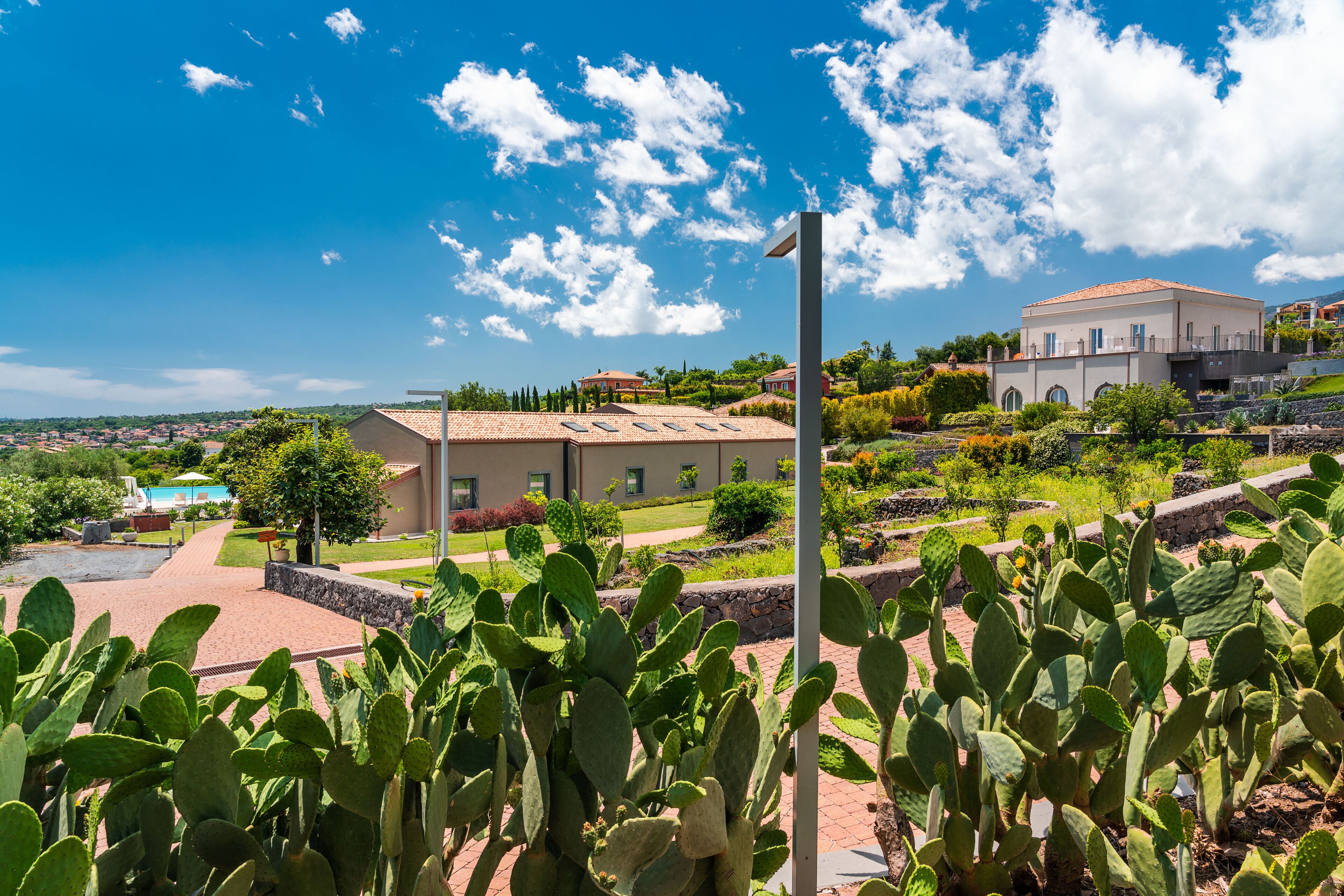 A building with a tiled roof, surrounded by greenery and a clear blue sky.