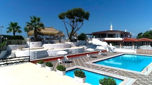 Seasonal outdoor pool, pool umbrellas, pool loungers