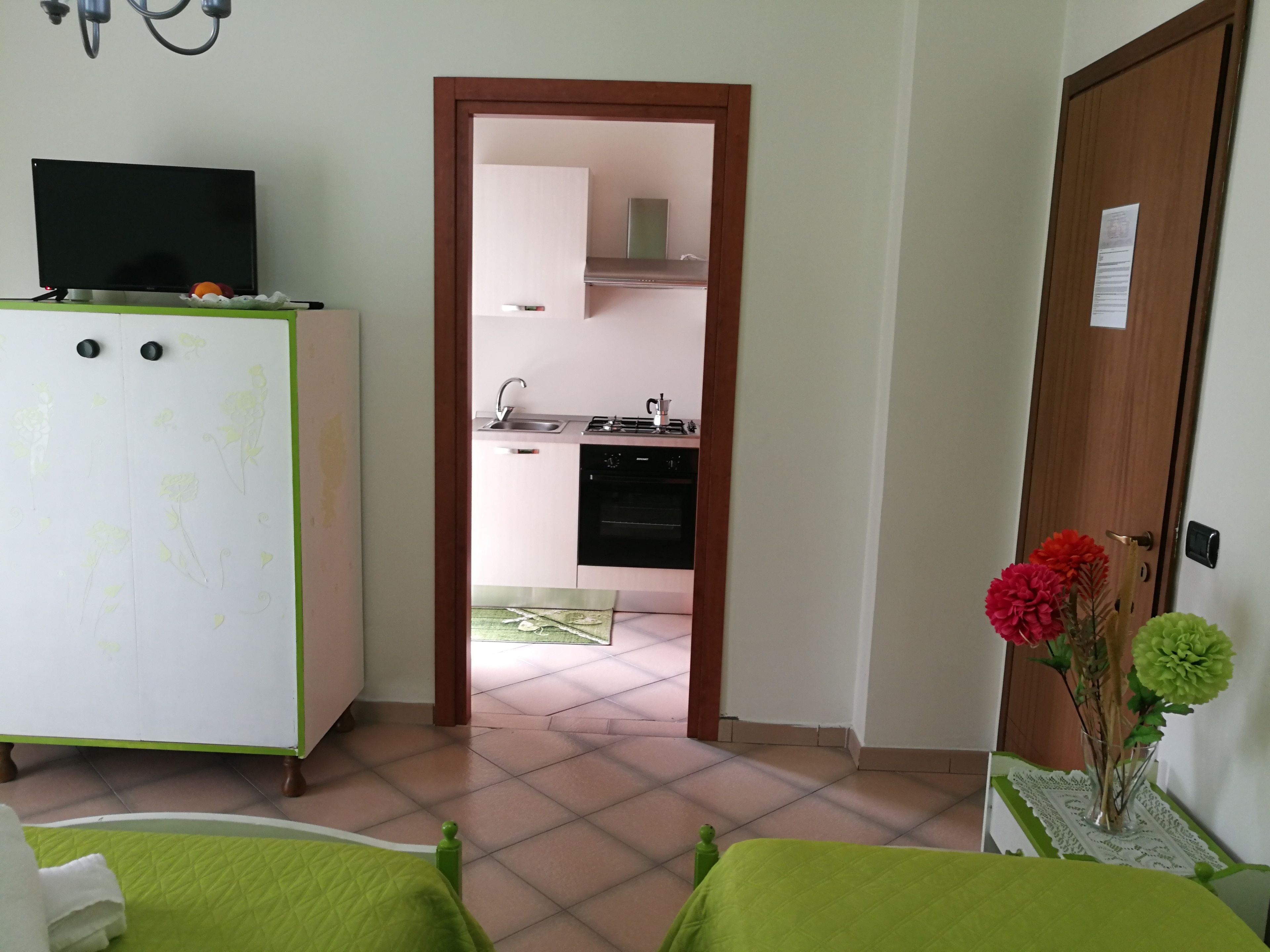 A room with a bed, a desk, a television, and a view into a kitchen area.