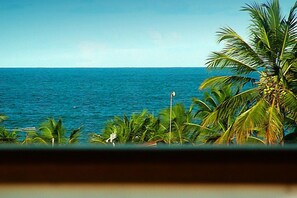 Une vue sur l’océan, avec des palmiers au premier plan.