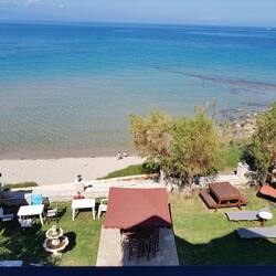 On the beach, sun-loungers, beach umbrellas, beach towels