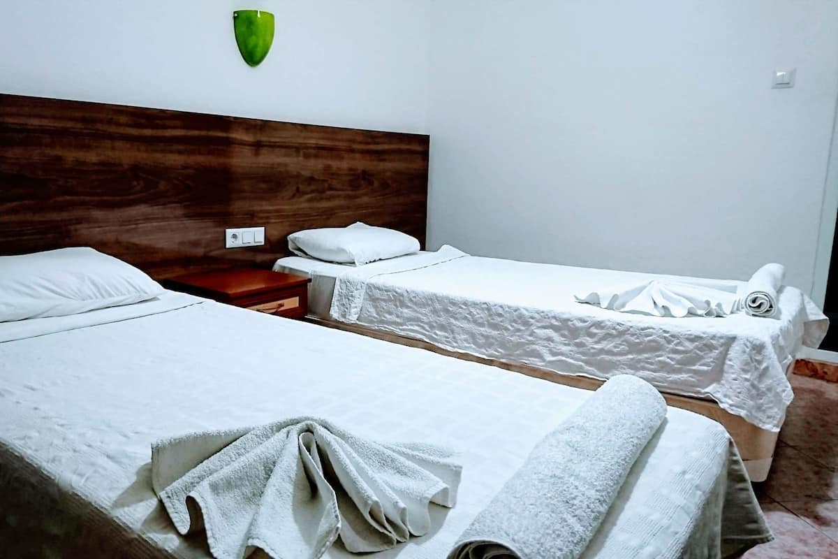 A hotel room with two single beds, a wooden headboard, a green wall decoration, and a small bedside table.