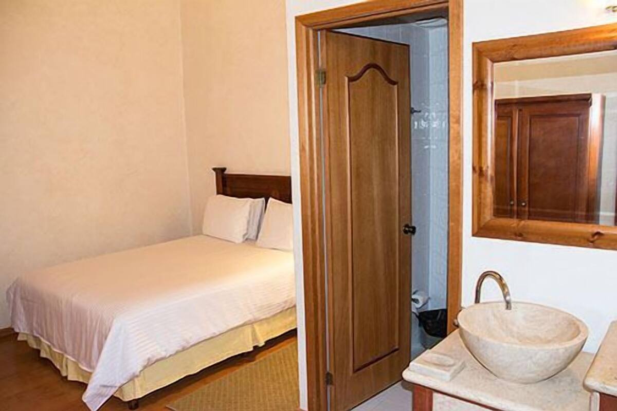 A bedroom with a wooden door, a bed with white bedding, and a stone basin sink.