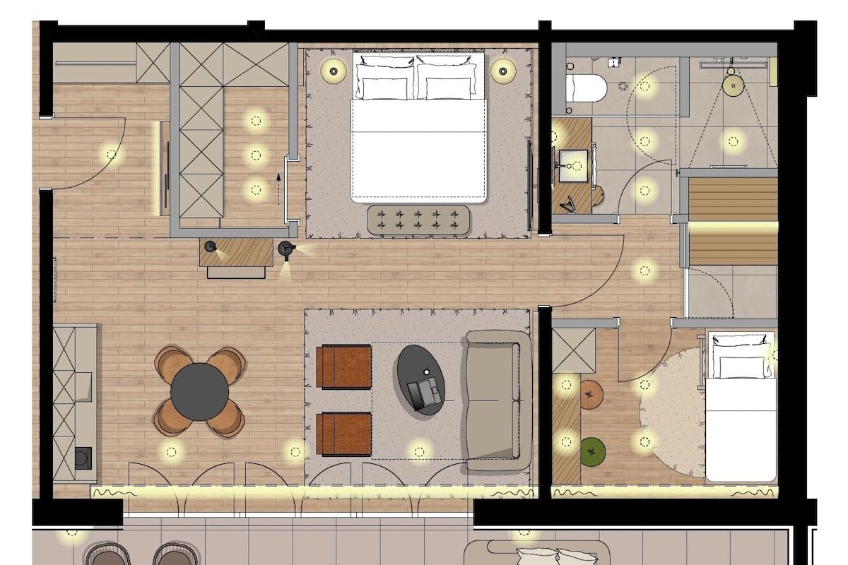 Distribución de un hotel con una zona de estar central, un comedor aparte y un dormitorio con baño.