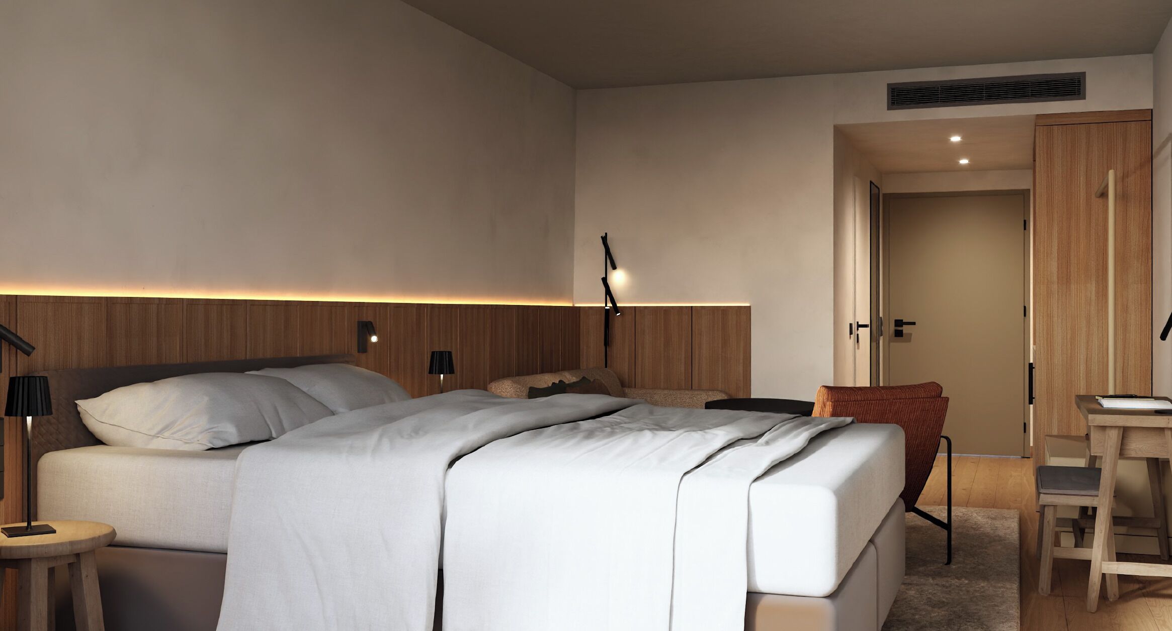 A modern bedroom with a bed, bedside tables, a desk, and a chair.