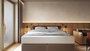 A modern bedroom with a large bed, a wooden headboard, bedside lamps, and a view through a glass door. - Garden Hotel Reinhart (Prien am Chiemsee)