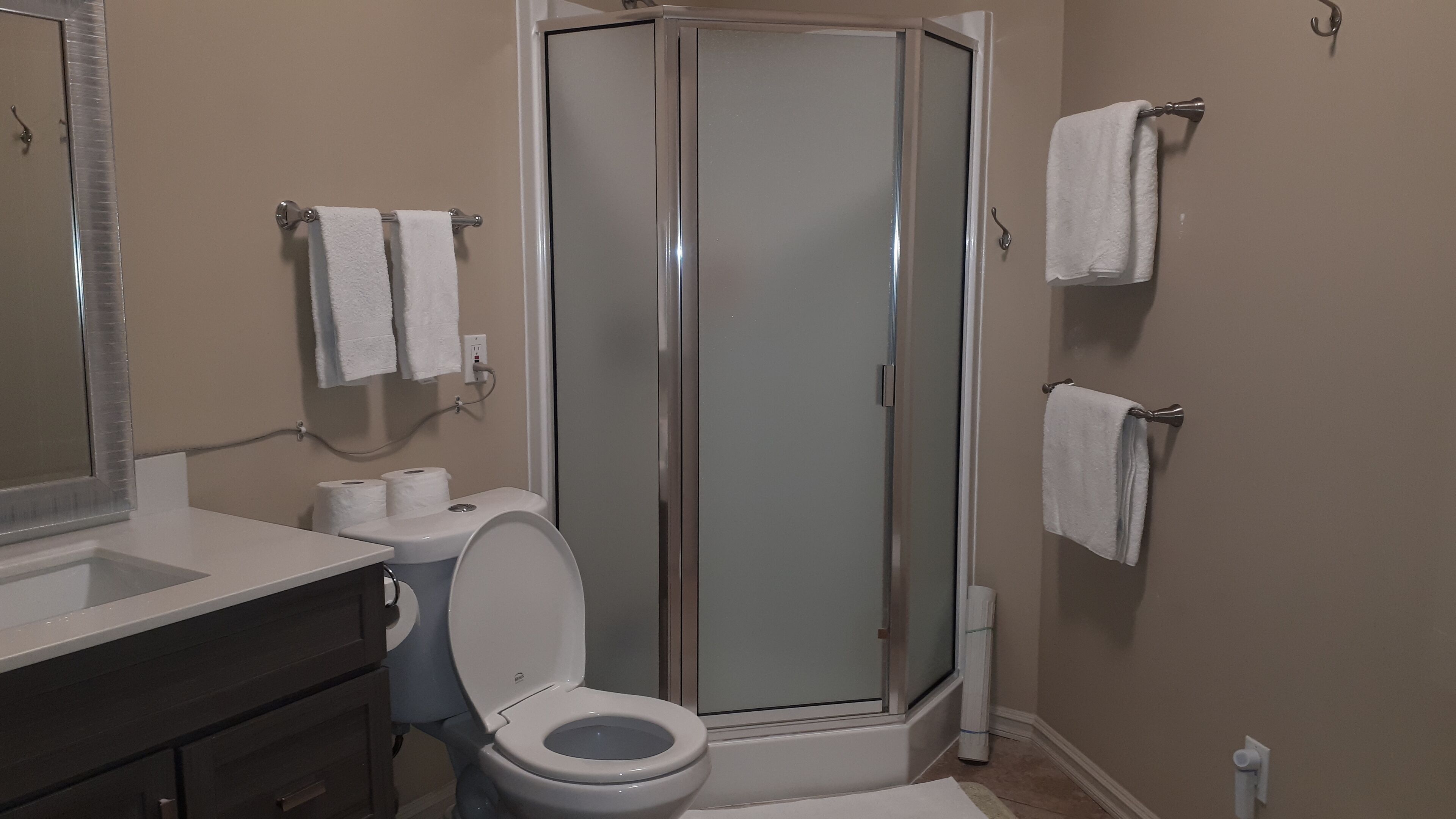 Un baño con inodoro, ducha con mampara de vidrio y lavamanos con espejo.