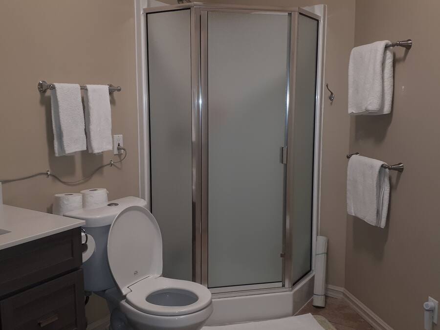 A bathroom with a toilet, a glass-enclosed shower, and a sink with a mirror.