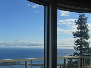 A view from a balcony overlooking the ocean with a clear sky and a tall evergreen tree. - Gibralter Rock Ocean View B&B (Nanaimo)