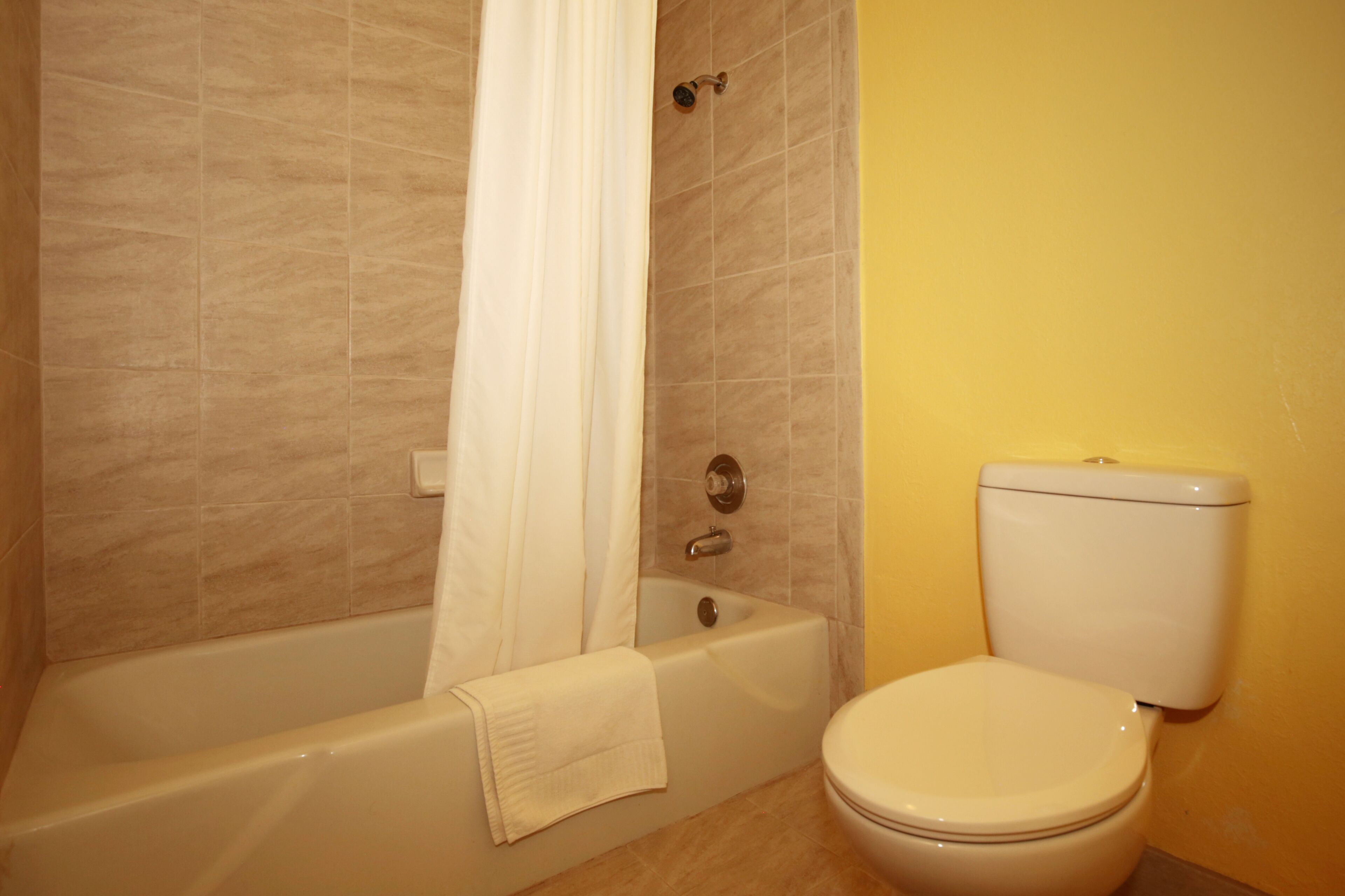 A bathroom with a bathtub, toilet, and a shower curtain.