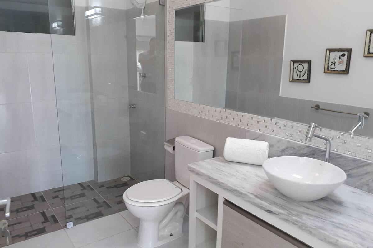 shower, designer toiletries, hair dryer, towels