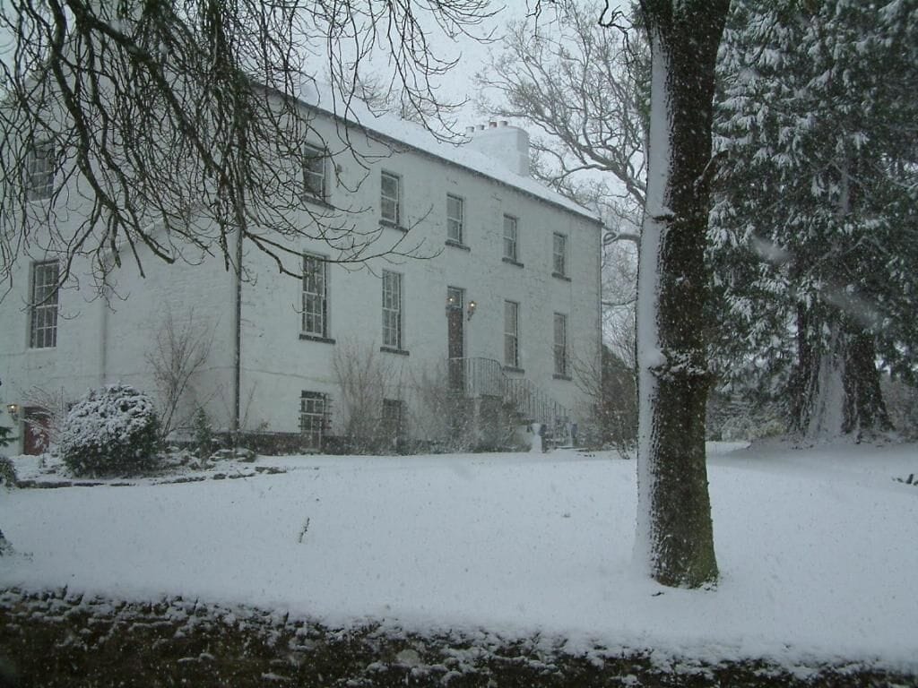 A snow-covered building with multiple windows and a tree in the foreground.