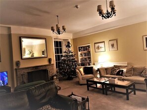 Un salon chaleureux avec une cheminée, un sapin de Noël, un canapé, une table basse et une bibliothèque.