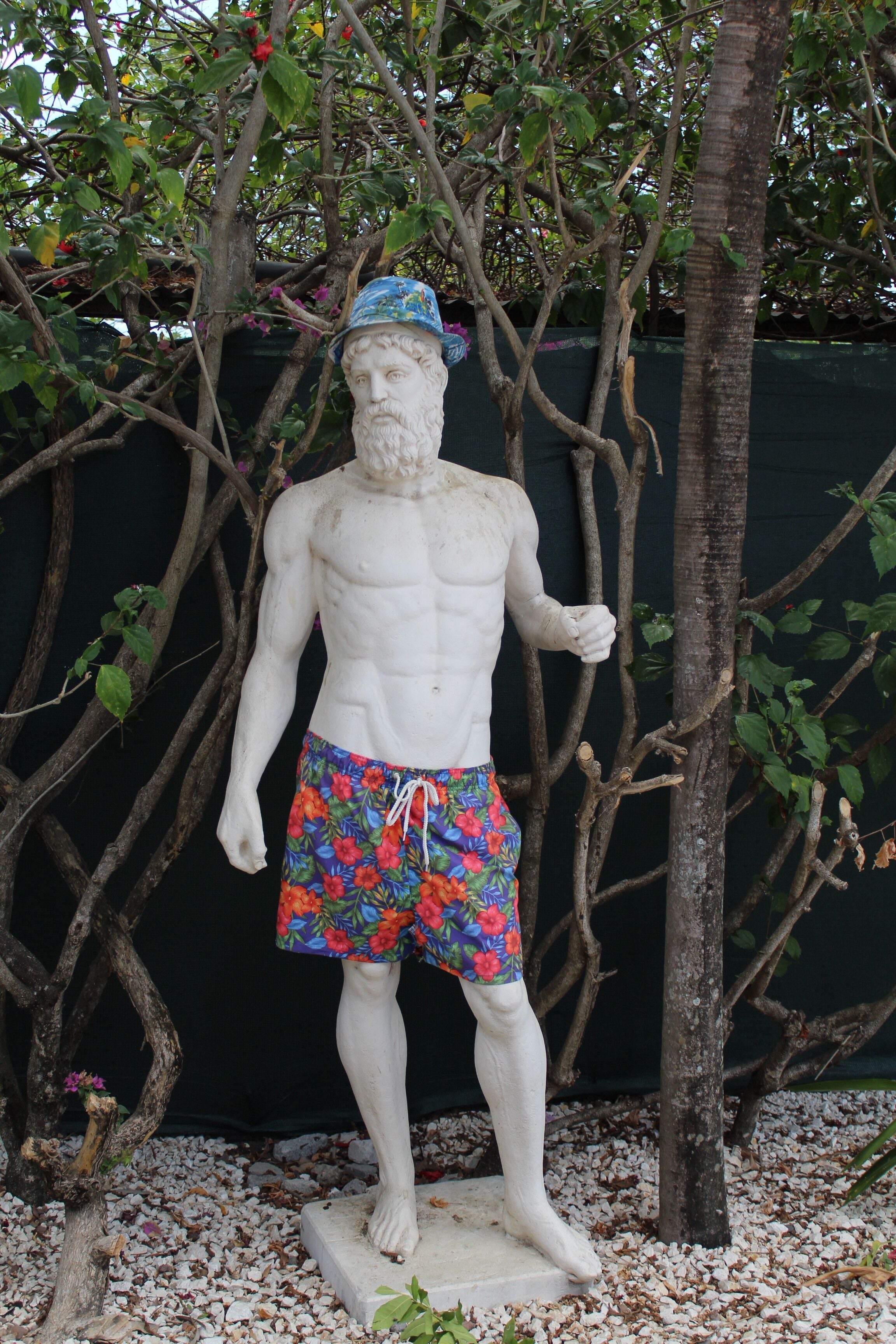 A statue of a man in a tropical setting with a tree and foliage in the background.