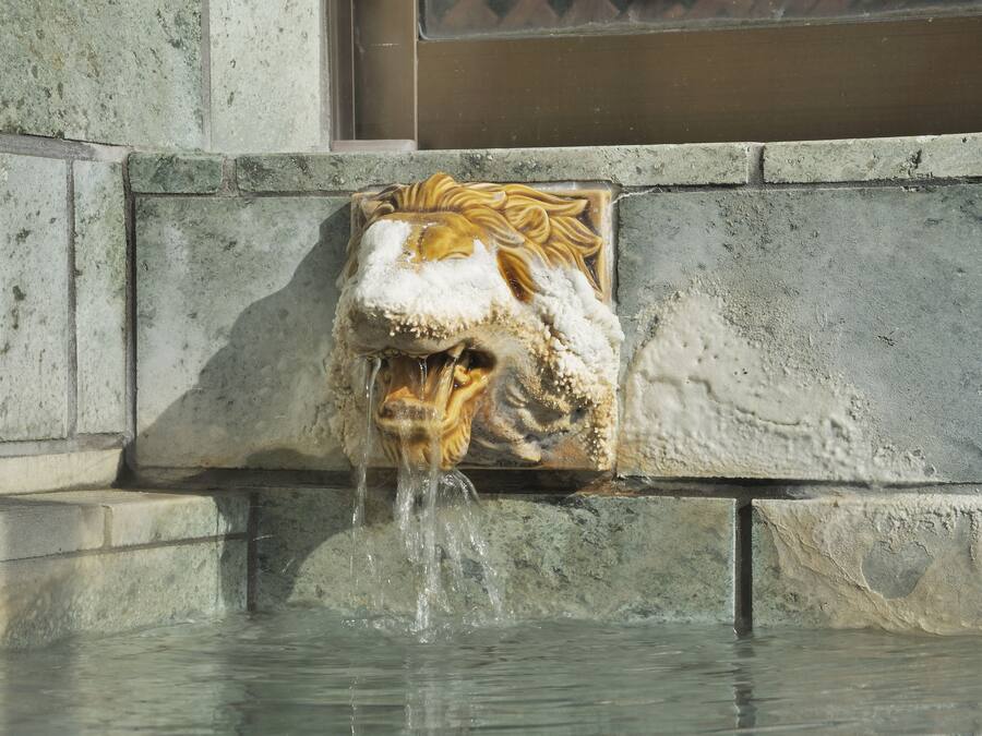 Una fuente de piedra con una escultura de cabeza de león y agua brotando de su boca.