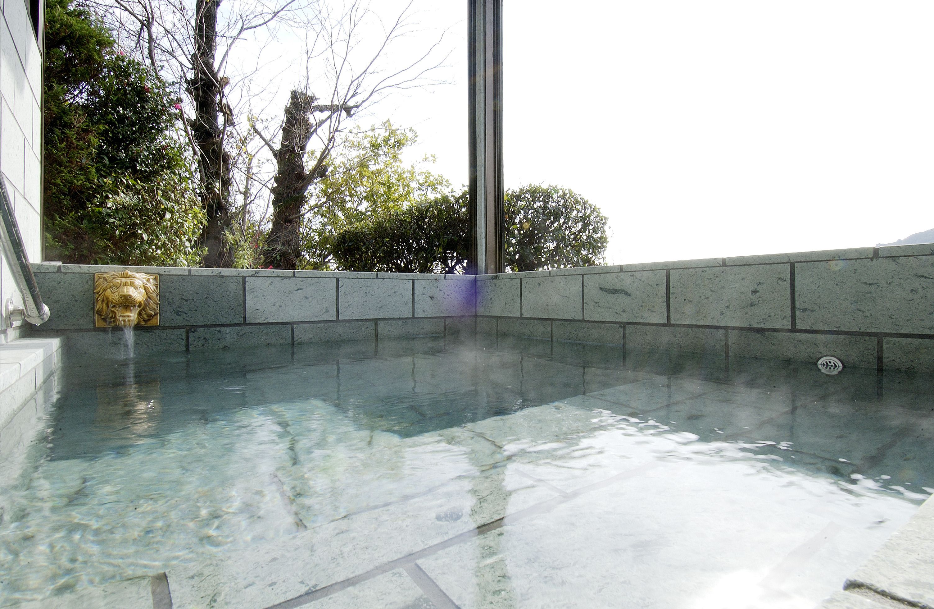 Una sorgente termale con acqua limpida, un muro di pietra e una scultura a forma di testa di leone.