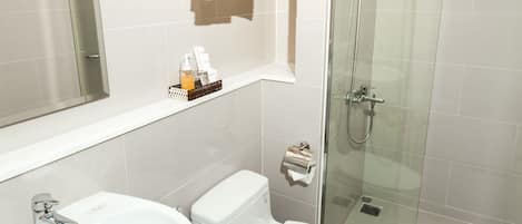 Un baño moderno con ducha de vidrio, un lavabo blanco y un inodoro.
