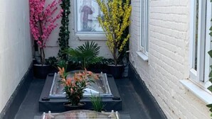 A narrow outdoor corridor with potted plants and a window. - OYO Twins Palms Guest House (Great Yarmouth)