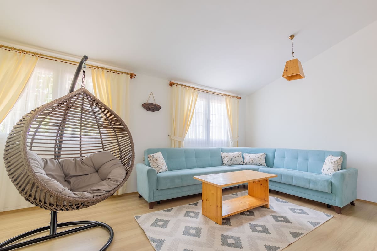 A living room with a hanging chair, a light blue sofa, and a wooden coffee table.