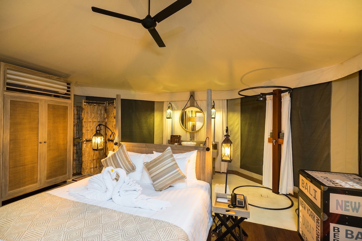 Une chambre d’hôtel avec un grand lit, un ventilateur de plafond, une salle de bain avec douche et lavabo, et un mini-bar.