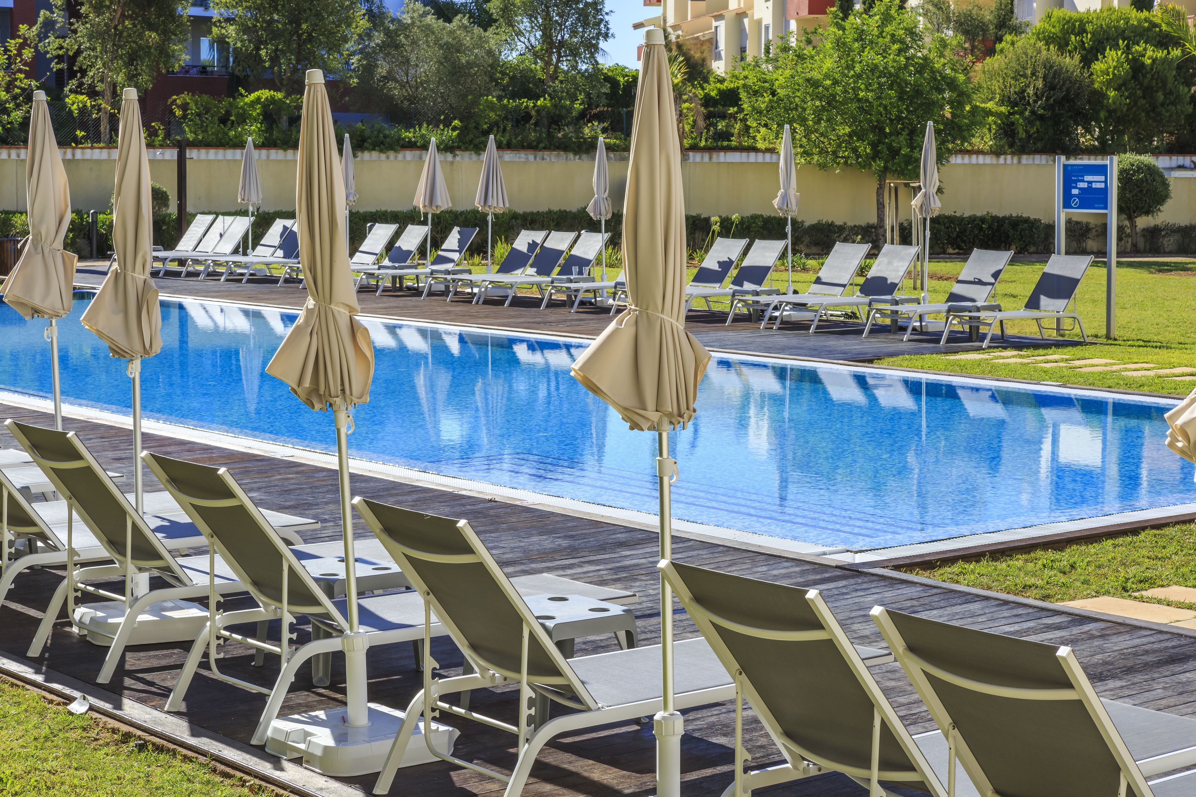 Un espace aménagé au bord de la piscine, avec des chaises longues et des parasols.