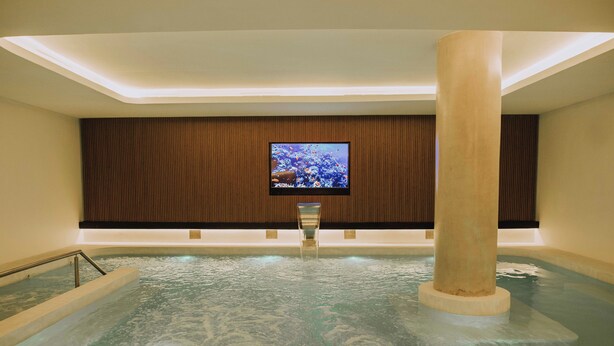 A spa area with a large hot tub, a wooden panel wall, and a television screen. - Dos Reyes Hotel (Mar del Plata)