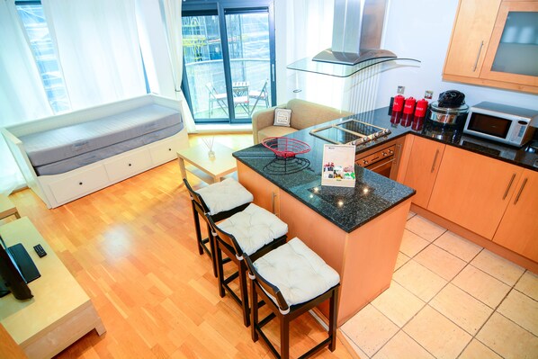 Double Room, River View | Private kitchen | Full-sized fridge, microwave, oven, dishwasher