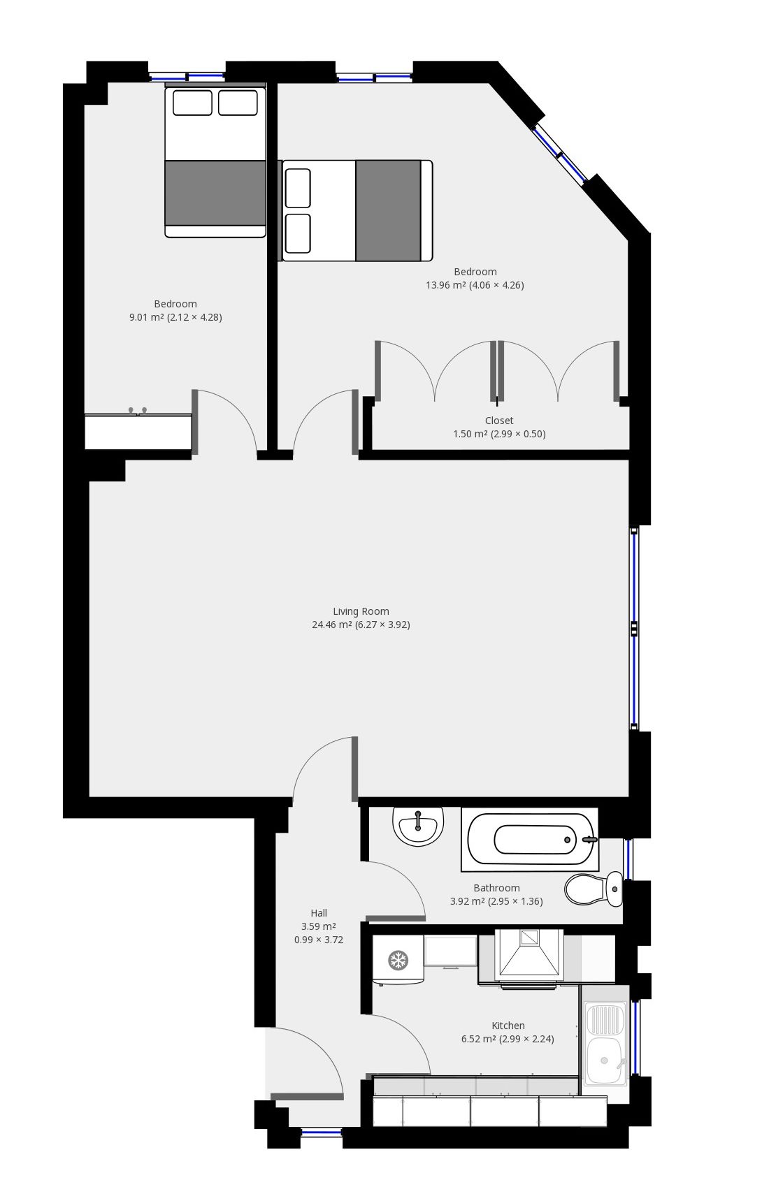 A floor plan of a house with a bedroom, living room, kitchen, bathroom, and a small hall.