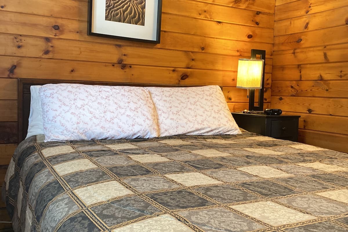 A wooden-paneled room with a bed, a framed picture on the wall, and a nightstand with a lamp.
