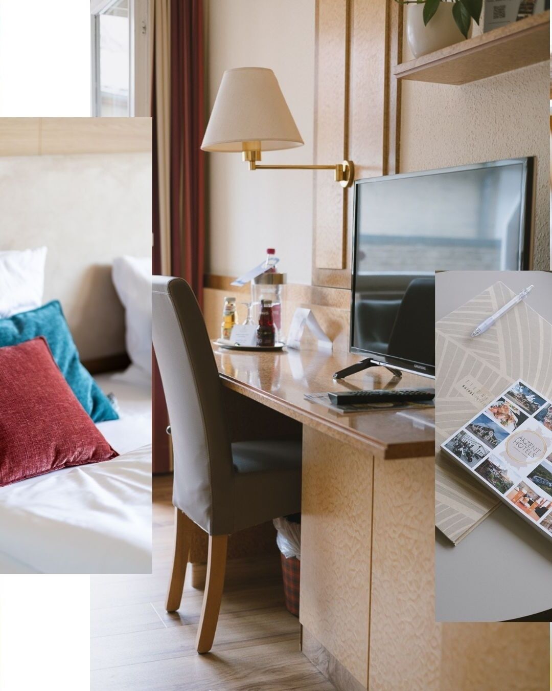 Habitación de hotel con una cama, un escritorio con una computadora portátil, una lámpara y un tablón de anuncios con fotografías.