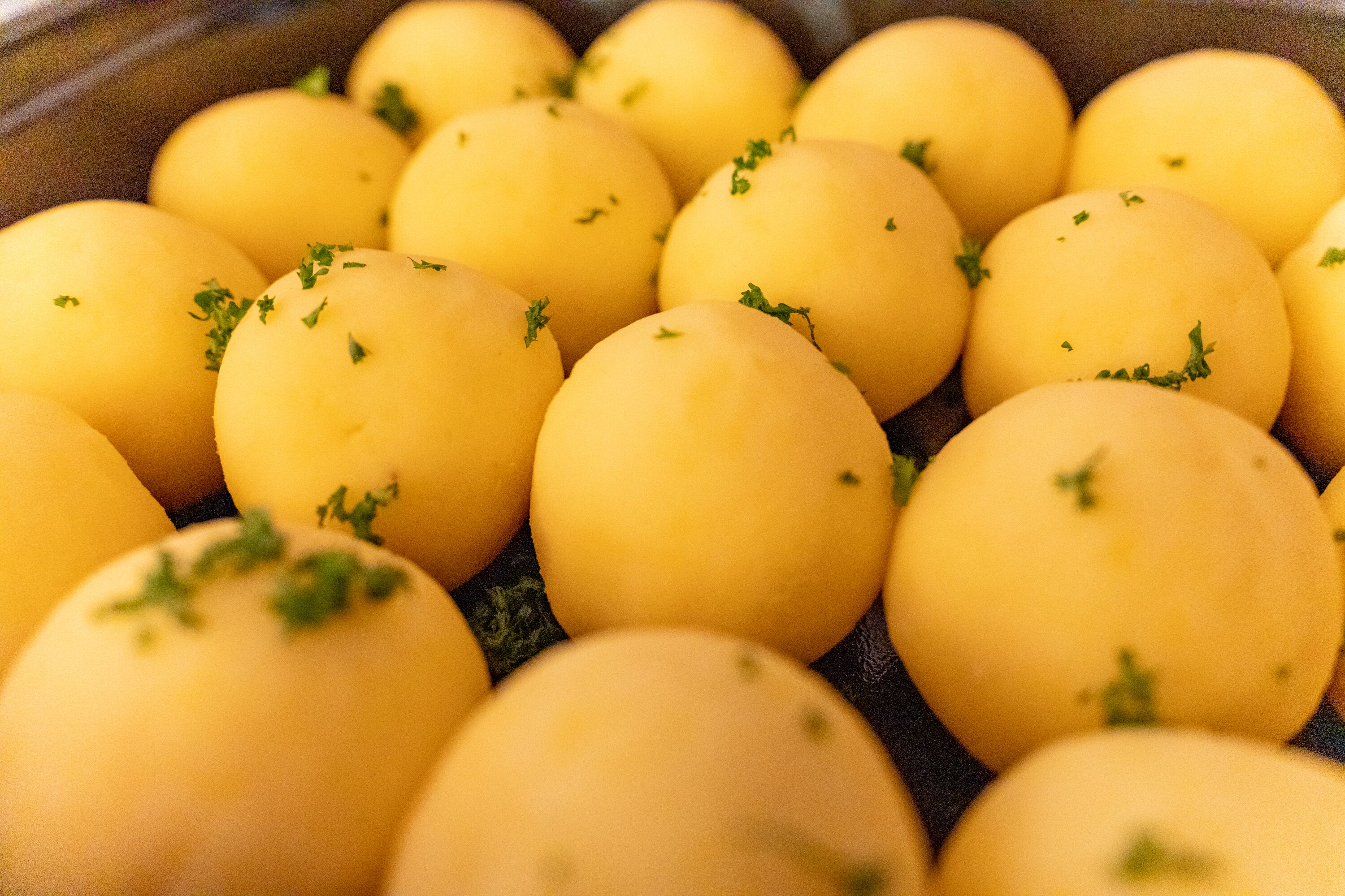 Nahaufnahme von einigen gelben Kartoffeln, verziert mit grünen Kräutern.