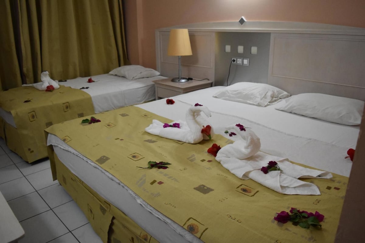 Une chambre d’hôtel avec deux lits, chacun agrémenté de serviettes en forme de cygne et de pétales de rose.
