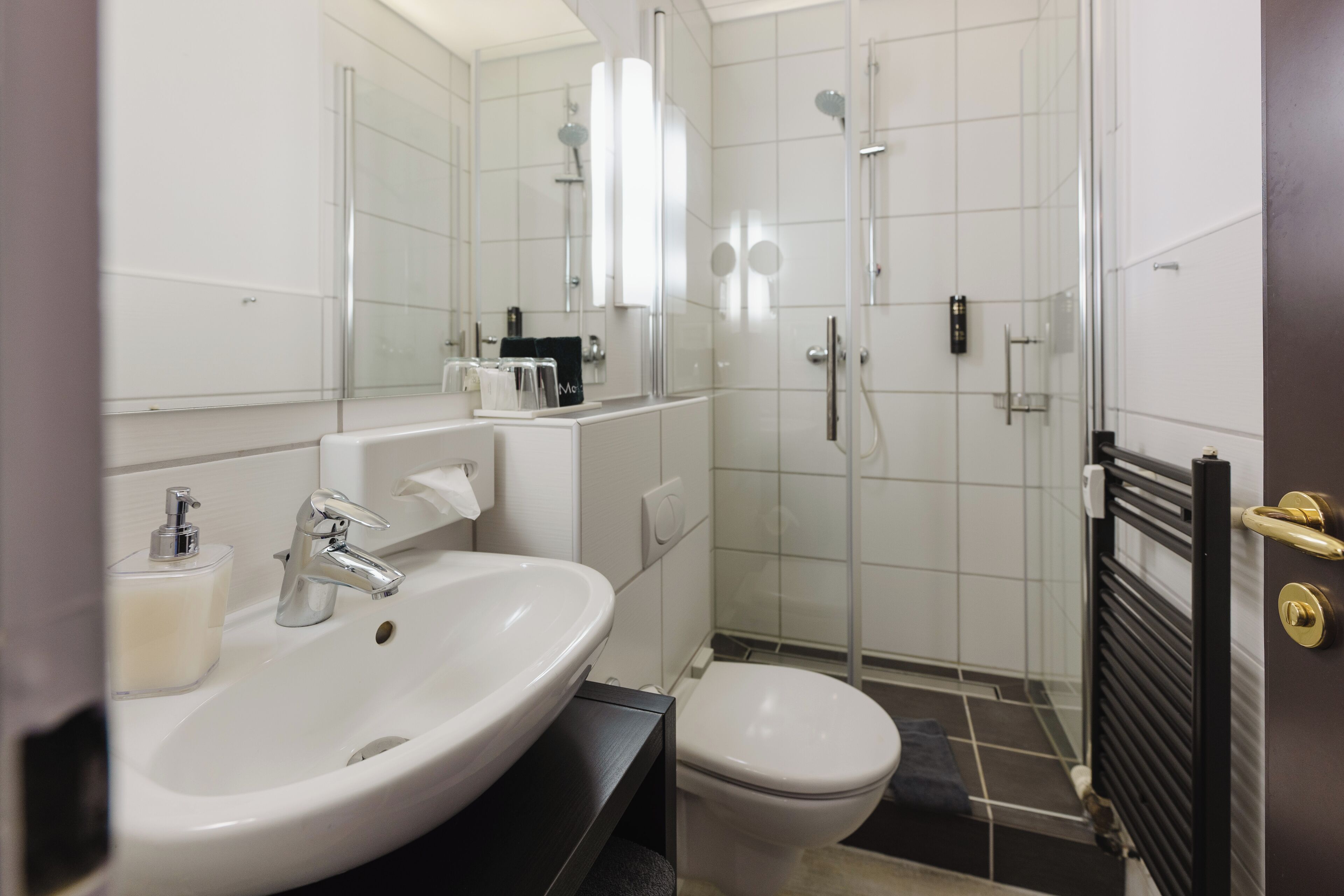 A modern bathroom with a white sink, a toilet, and a glass-enclosed shower.