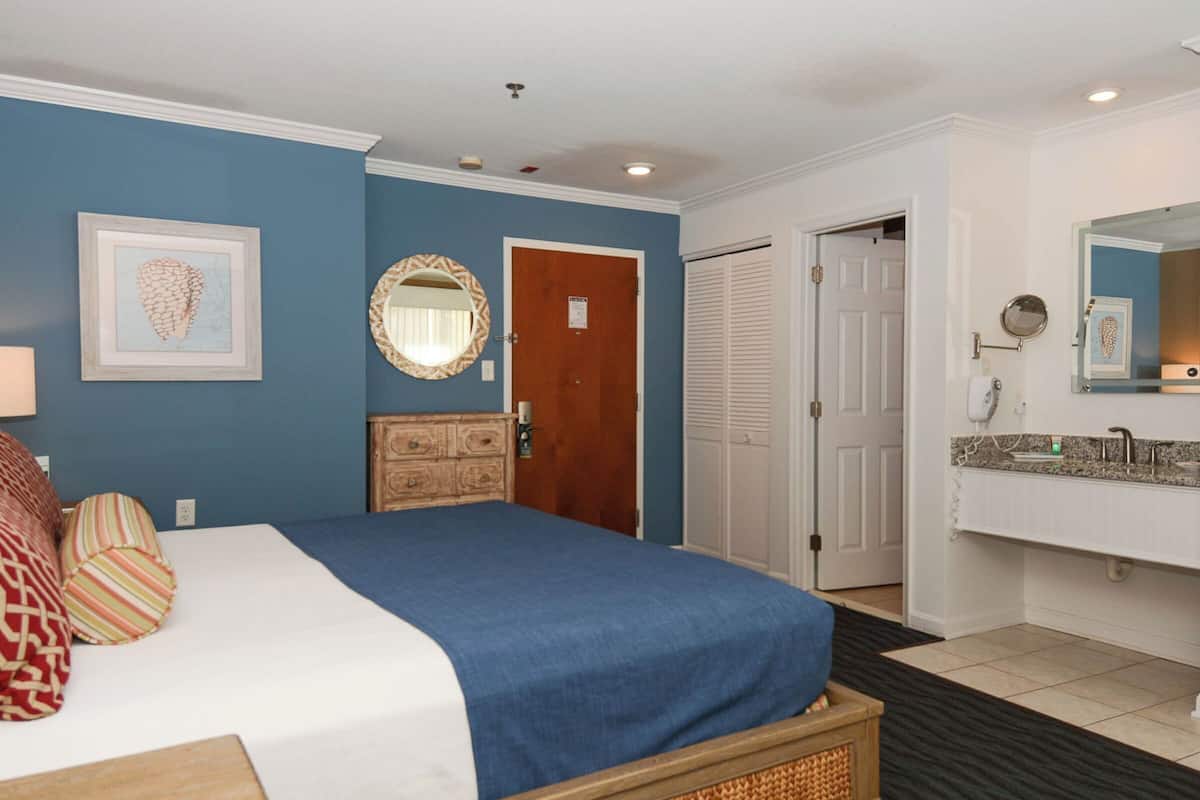 A bedroom with a bed, a dresser, a mirror, and a door.