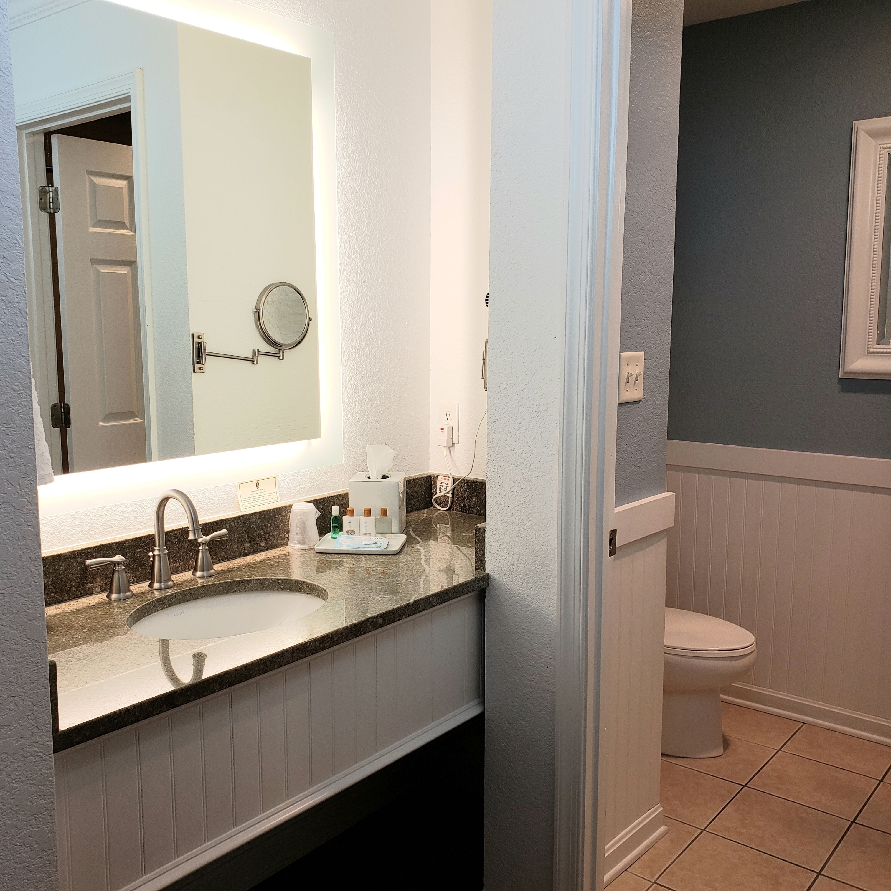 Une salle de bain avec un lavabo, un miroir et des toilettes.