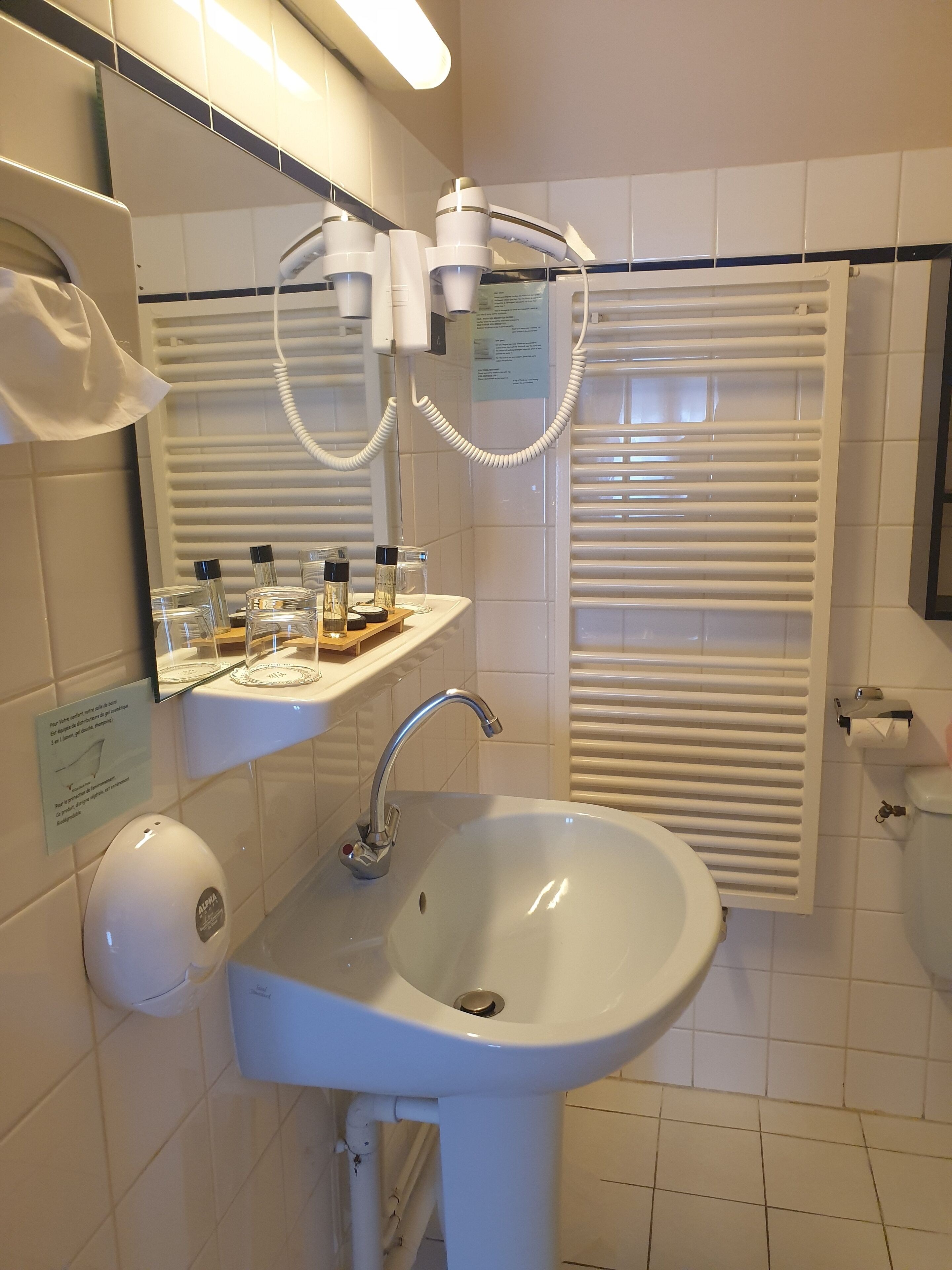 combined shower/bathtub, free toiletries, hair dryer, towels