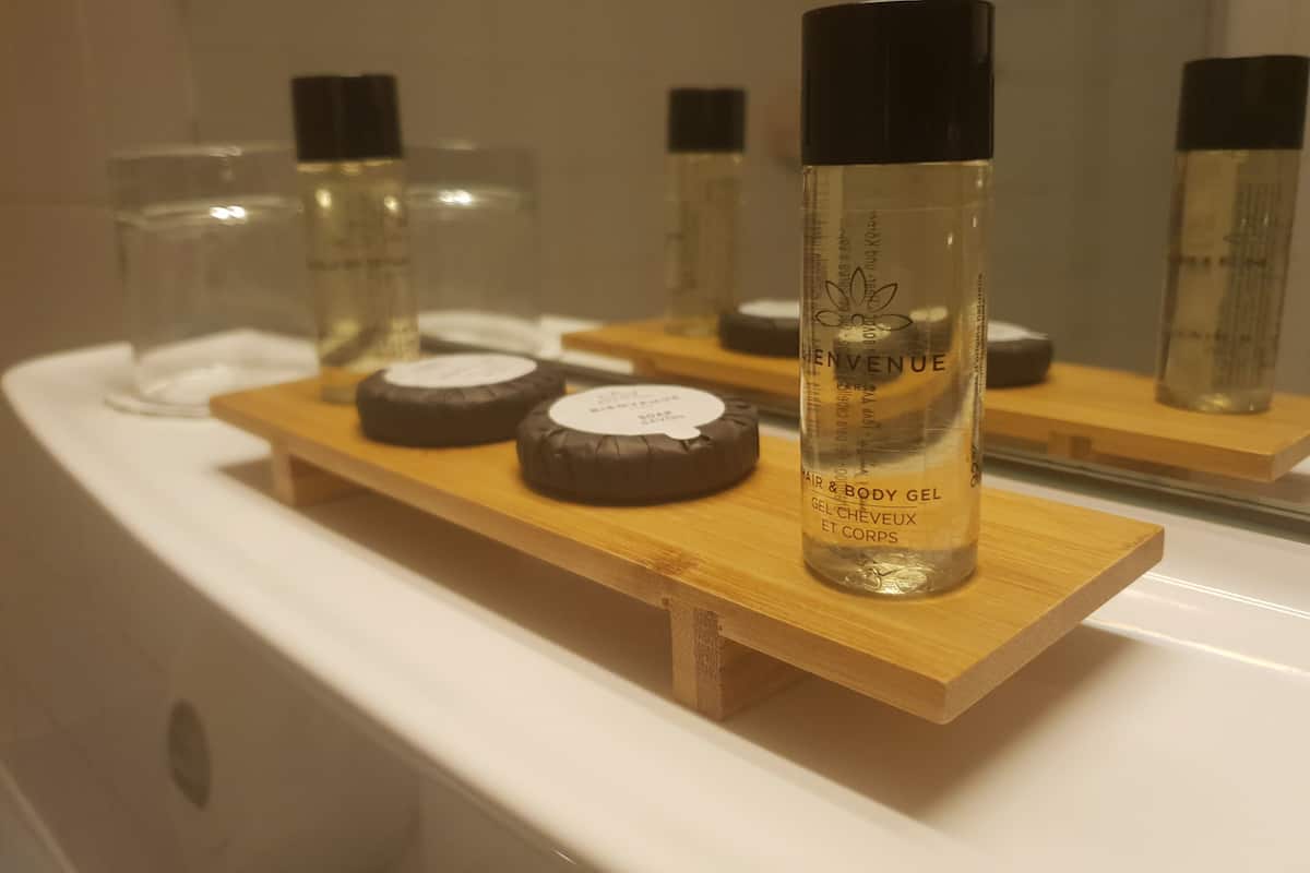 combined shower/bathtub, free toiletries, hair dryer, towels