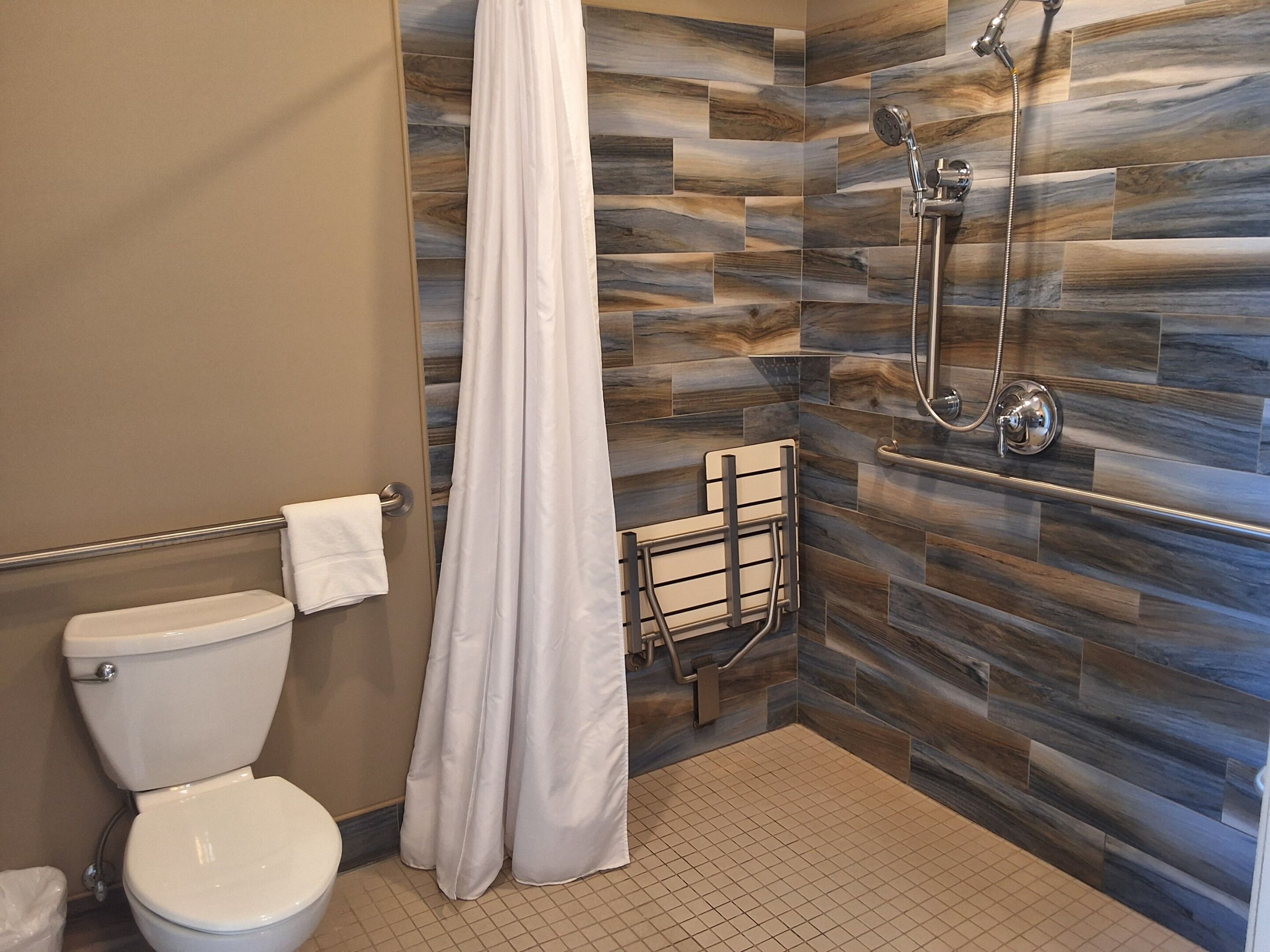 A bathroom with a toilet, shower, and grab bars.