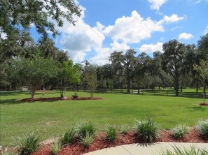 A well-maintained grassy area with trees and a fence. - Rock Pointe Ranch (Floral City)