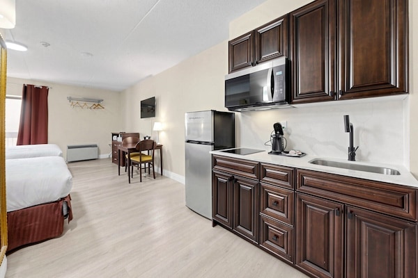 Microwave, stovetop, kitchen island