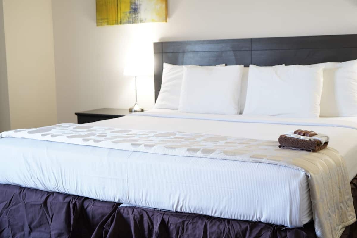 Una habitación de hotel con una cama grande, una mesita de noche, una lámpara y un cuadro en la pared.
