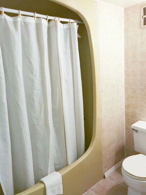 A bathroom with a bathtub, a toilet, and a shower curtain.