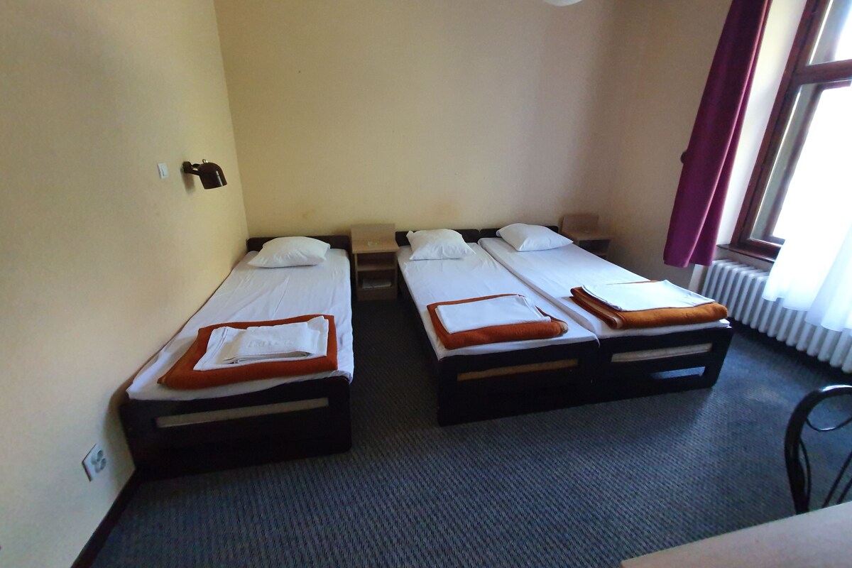 Una habitació amb dos llits individuals, una taula petita i una cadira.