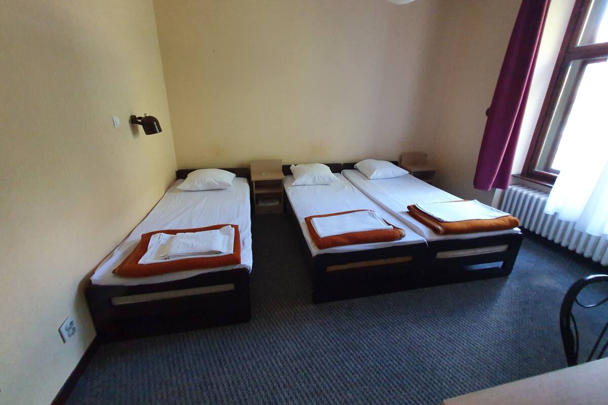 A room with two single beds, a small table, and a chair.