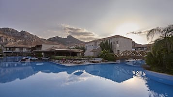 Outdoor pool, pool umbrellas, pool loungers