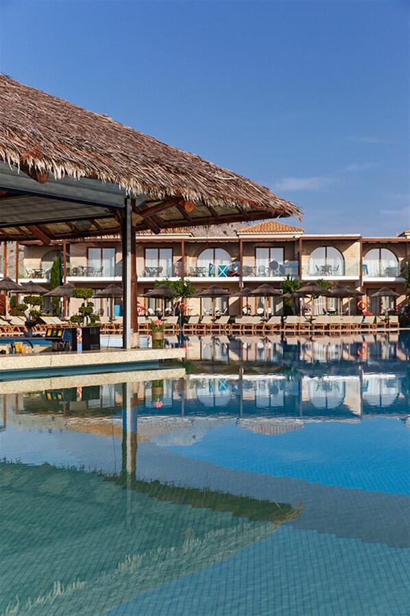 Outdoor pool, pool umbrellas, pool loungers