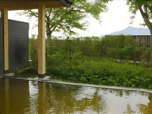 A covered outdoor area with a water feature, surrounded by greenery and a view of a mountain.