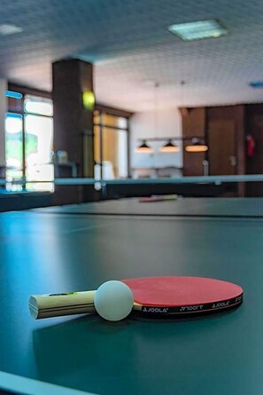 A ping pong table with a paddle and ball, indoor lighting, and a window with natural light. - Montana Palas Hotel (Krusevo)