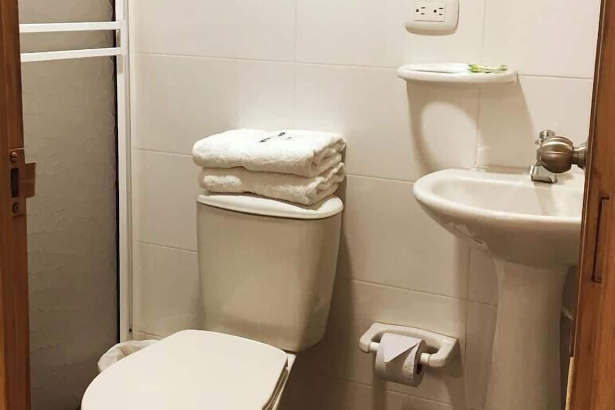 A bathroom with a toilet, sink, and a towel rack.