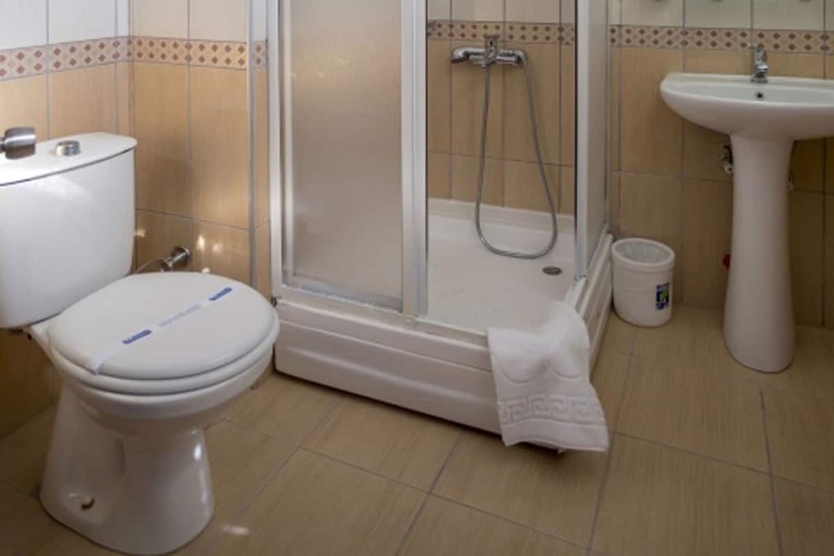 A bathroom with a toilet, a shower, and a sink.